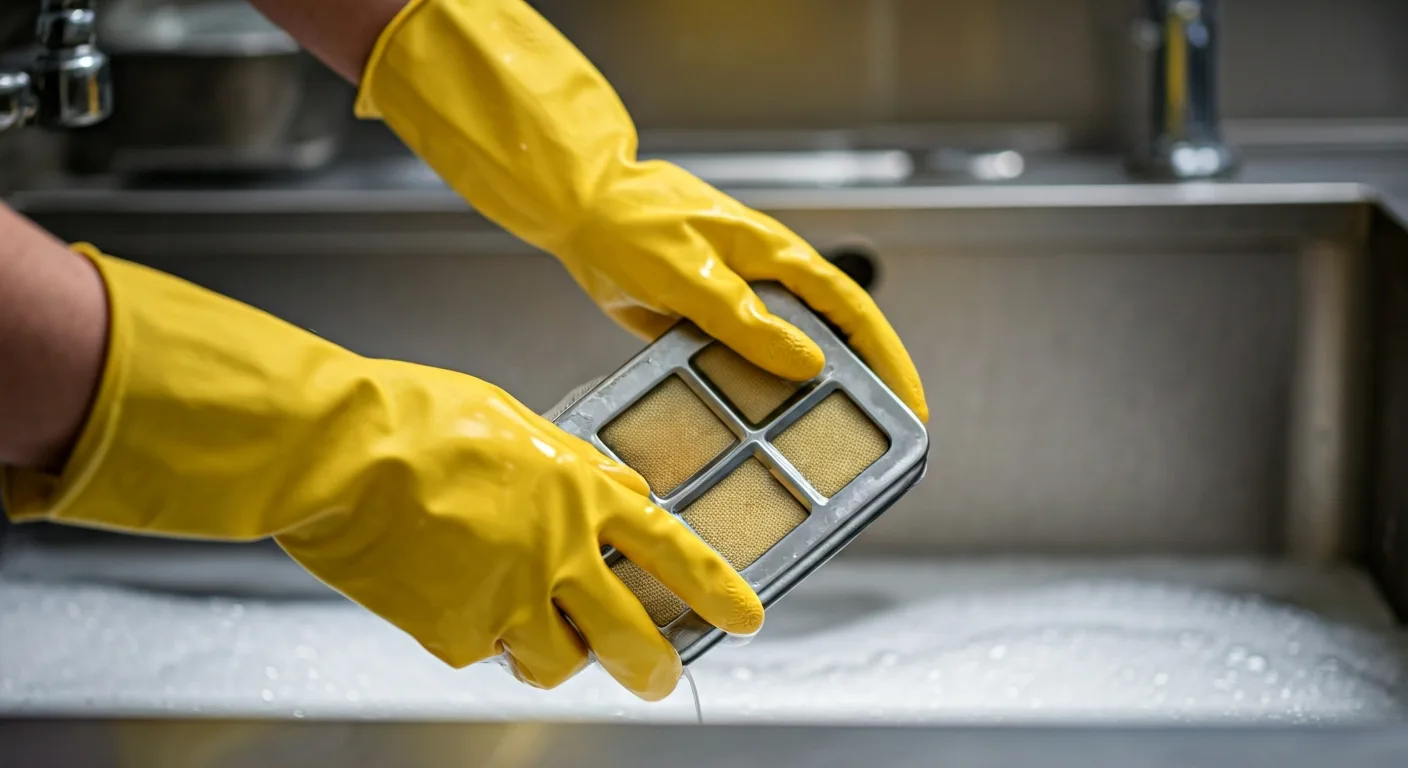 ¿Cómo Limpiar una Campana de Cocina Llena de Grasa Industrial? Guía Definitiva 1 Limpiando filtros de campana extractora con desengrasante y agua caliente