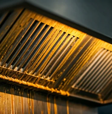 Cómo limpiar una campana de cocina llena de grasa industrial: Guía paso a paso 14 Campana de cocina industrial cubierta de grasa densa antes de la limpieza