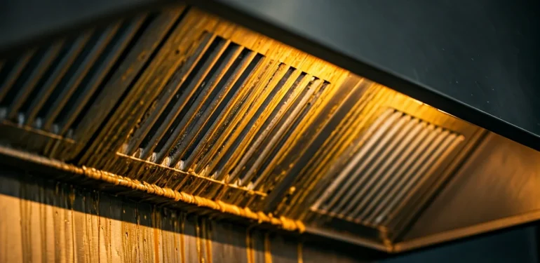 Cómo limpiar una campana de cocina llena de grasa industrial: Guía paso a paso 1 Campana de cocina industrial cubierta de grasa densa antes de la limpieza