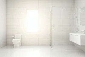 Baño moderno y limpio brillante iluminado por luz natural